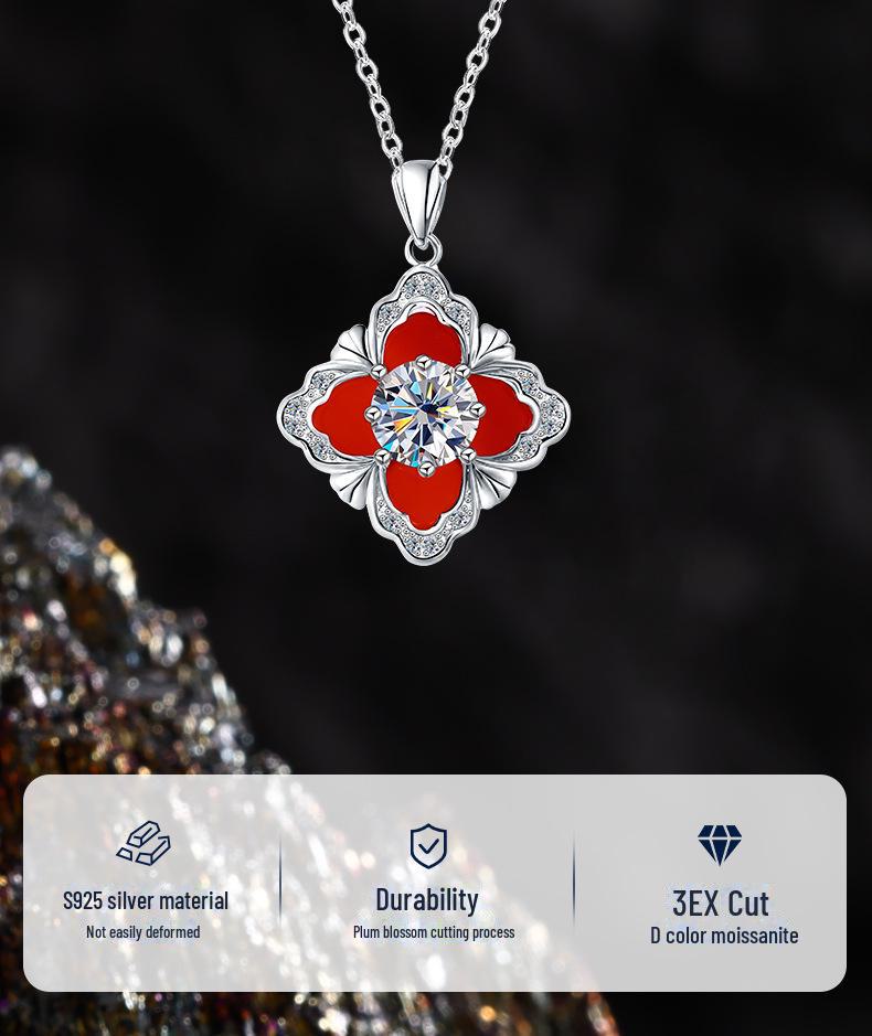 S925 Sterling Silver Korean Moissanite Four-Leaf Clover Necklace - Light Luxury National Style for Ladies