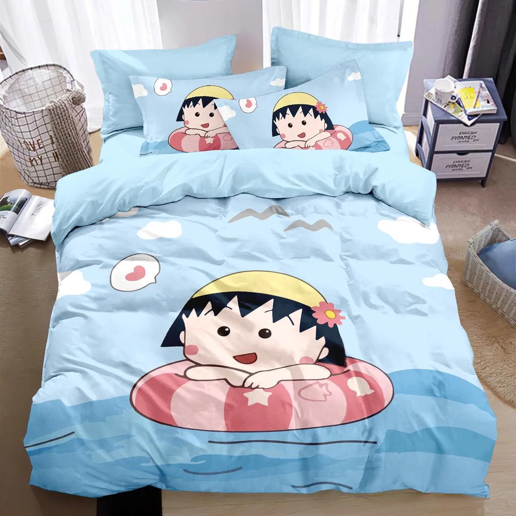 Modern Printed Maruko-chan Girl Duvet Covers Set, Anime Girl 3-Piece Set Queen Comforter Bedding Sets for Kids Children Girls