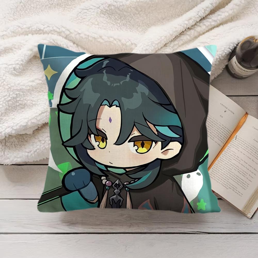 Xiao Cute Genshin Impact Cushion Cover Silky Short Plush Invisible Zipper Dustproof Sofa Pillow Case For Home Decor