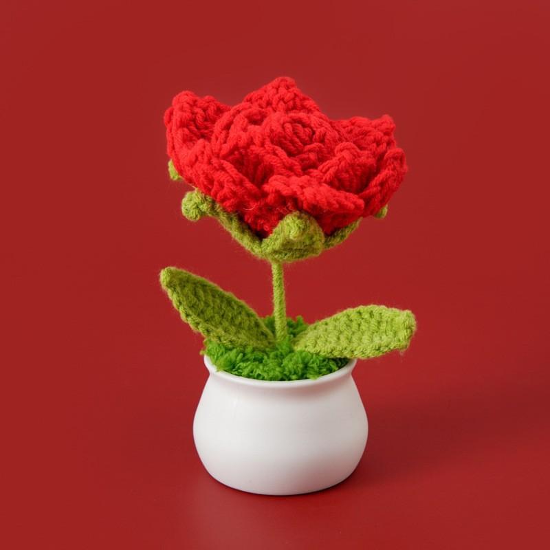 Artificial Rose Flower Creative Knitting Flower Potted Crochet Rose Flowers Table Decor Knitted Plant