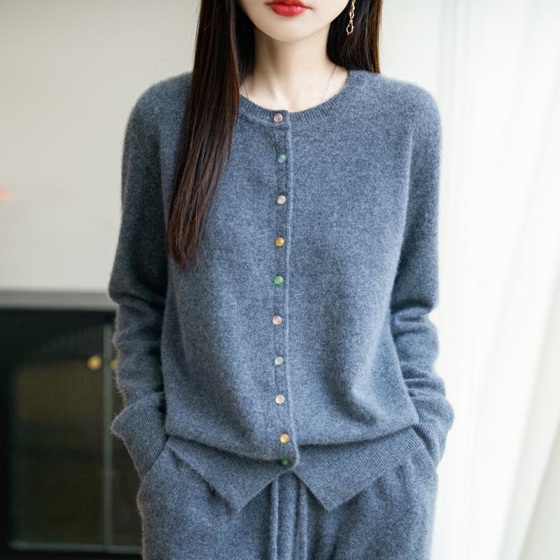 Women's Autumn 2025 Pure Wool Round Neck Cardigan - New Style Loose Knit Sweater