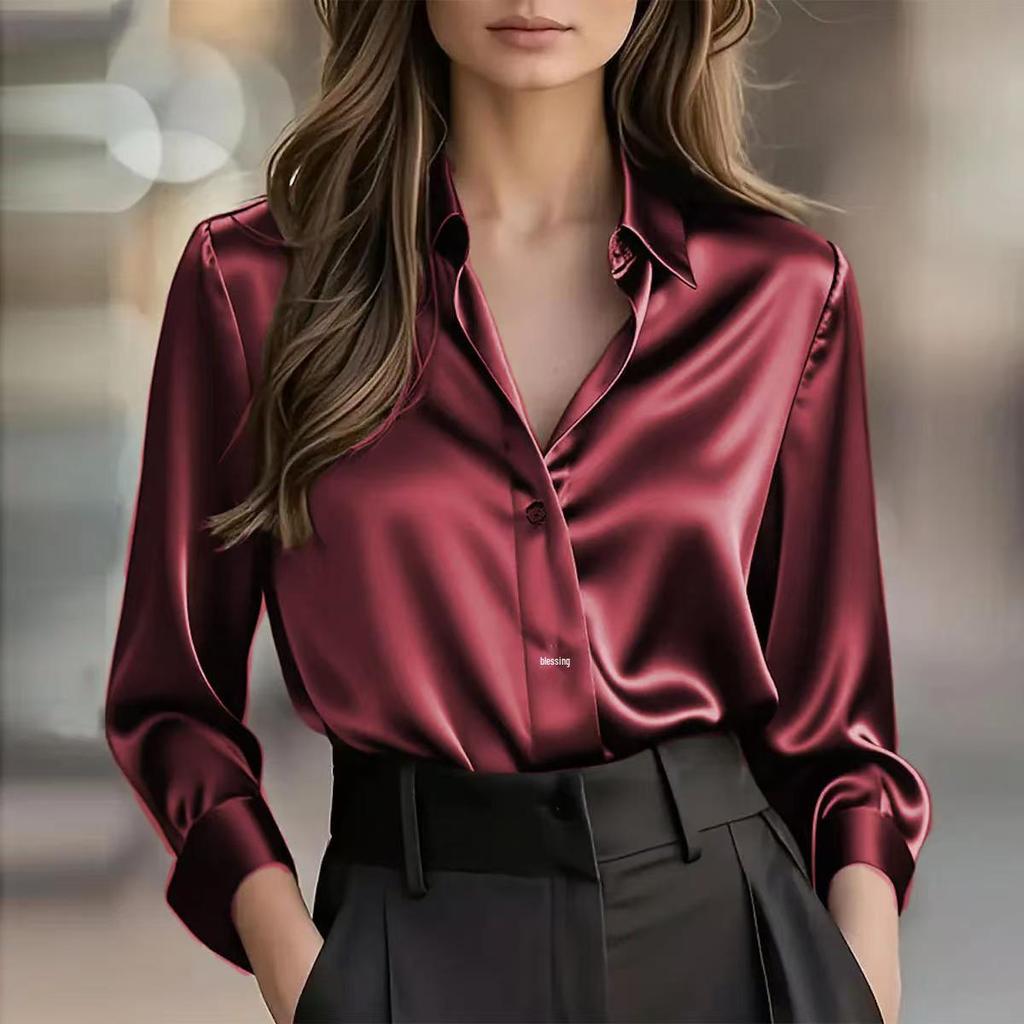 Autumn 2025 Elegant Satin Long Sleeve Button-Down Women's Shirt