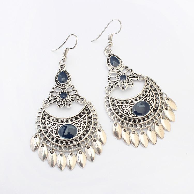 Retro High-end Ancient Silver Fashion Crescent Earrings, Ethnic Style Drop Glaze Long Fringed Earrings, Women's Ear Accessories