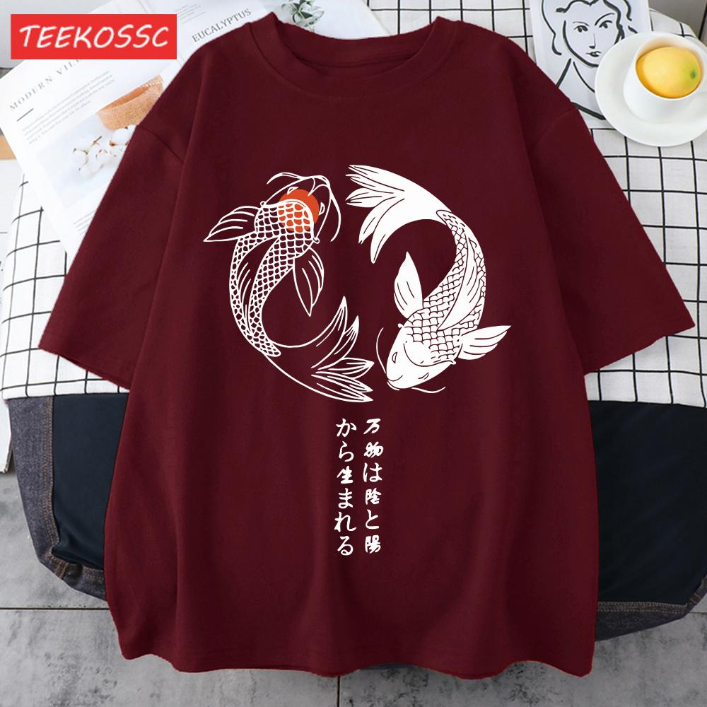 Two Koi Fish Swimming In Waterprint Men TShirts Cotton AllMatch T Shirt Comfortable Crewneck Tops Loose Unisex Summer Clothes