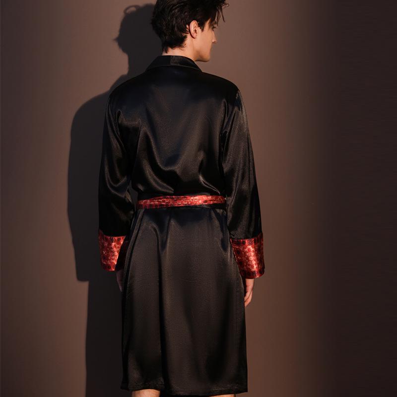 Men's Spring & Autumn Long Sleeve Ice Silk Pajama Robe - Mid-Length, High-End Feel