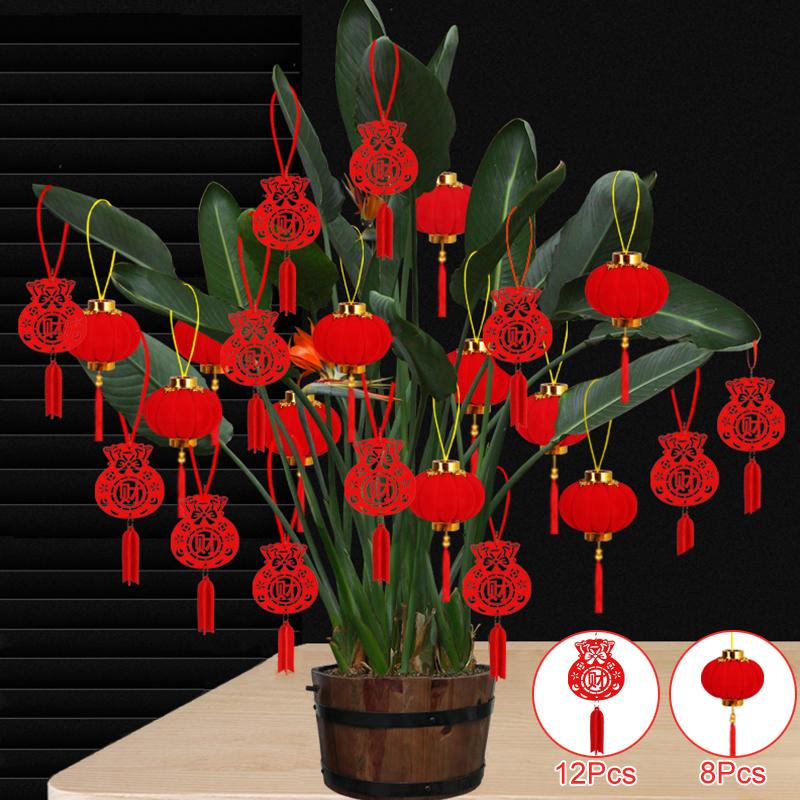 20Pcs/Pack Festival Party Decor Scene Layout Supplies Red Lanterns Mini Flocking Chinese New Year Bonsai DIY New Year Pendant