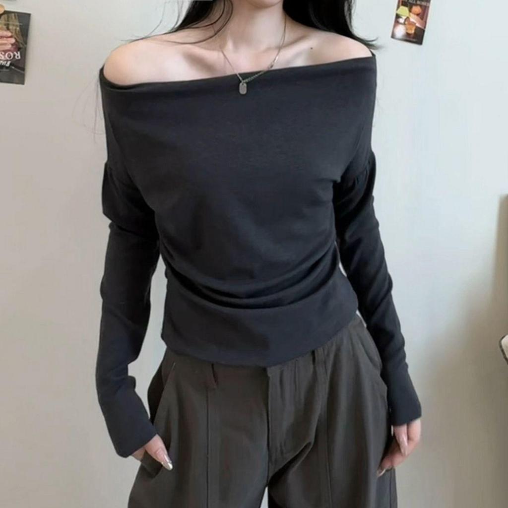 R6Q2025 Summer Stylish Korean Slimming One-Shoulder Long Sleeve Women's Top - Early Autumn Versatile Collection