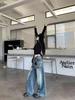 Women's Retro Two-Piece Look Hem Jeans: Loose, Straight-Leg Wide Pants