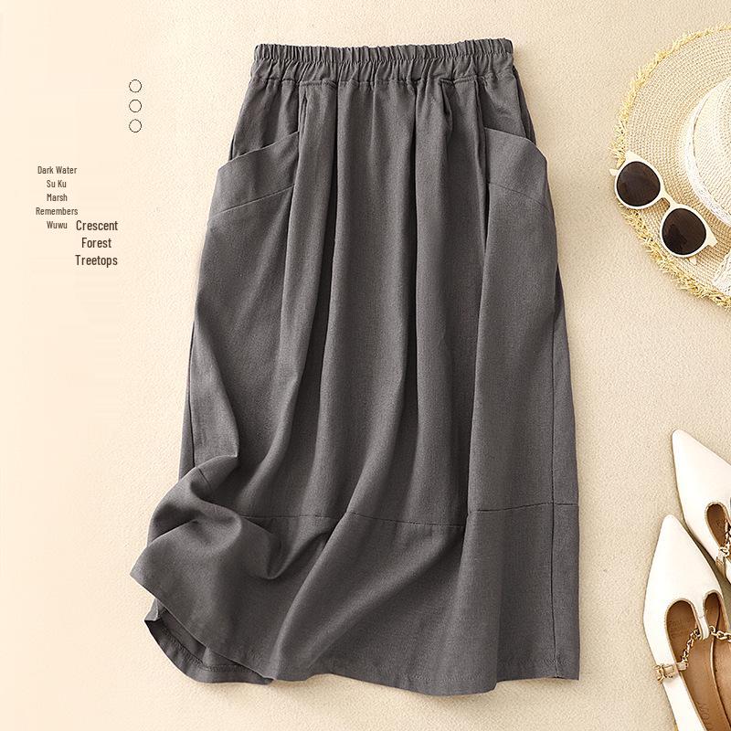 

2025 Summer Cotton Linen Retro High Waist Midi Skirt Extra Large