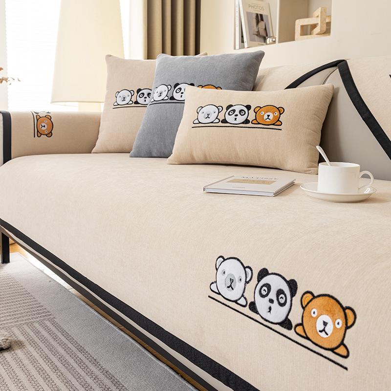 Cartoon Embroidery Sofa Cover Soft Chenille Solid Color Couch Cover Living Room Modern Simple Universal Non-slip Sofa Cushion