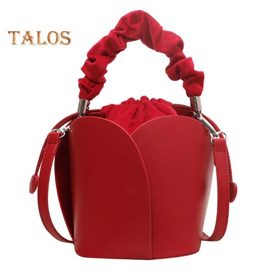 Women's Petal Bucket Bag Vintage Faux Leather Drawstring Handbag with Adjustable Strap Tote Shoulder Purse Crossbody Bag for Shopping Work
