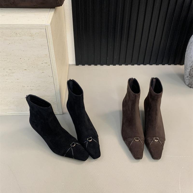 Temperament thin medium heel short boots women's autumn and winter 2025 new French thin boots women's suede women's square head Martin boots