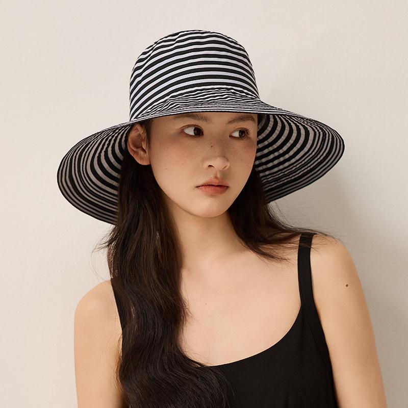 Zealous Sole Women's Black/White French Elegant Wide Brim Sun Hat 12Cm Large Brim Striped Uv Protection Beach Hat Foldable Summer Travel Straw Bucket Cap 56-58Cm