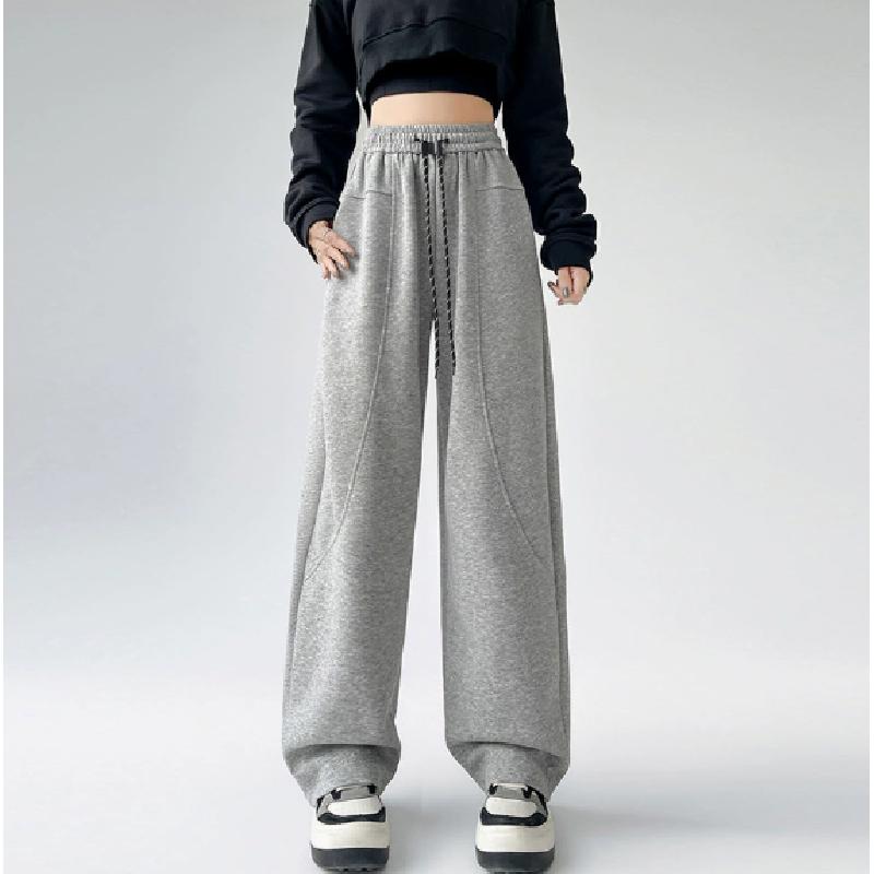 Curved Hem Women'S Fall/Winter Fleece-Lined High-Waisted Drawstring Straight Banana Sweatpants With Draped Effect And Narrow Wide Legs
