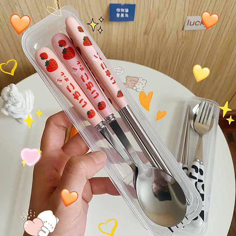 Cute Strawberry Chopsticks Spoon Fork Cutlery Set With Case Portable Travel Stainless Steel Tableware Kitchen Utensils