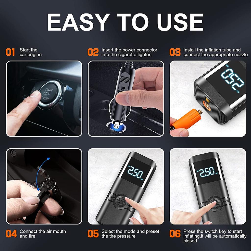 Portable Air Compressor Tire Inflator: 12V DC Auto Tire Pump Car Inflator with Digital Pressure Gauge, Fast Inflation, for Car Tires, Motorcycles