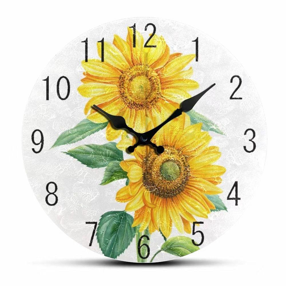 Wooden Retro Sunflower Clock Modern Round Silent Wall Clock Non-Ticking Hanging Wall Decor Clocks Bathroom