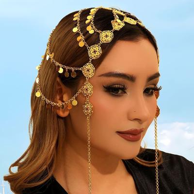 Arabské dámské svatební doplňky, pokrývky hlavy, zlatý flitrovaný řetízek do vlasů, etnický styl, cestovní fotografické šperky