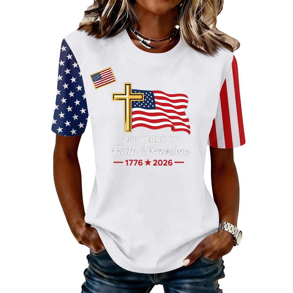 Womens Casual Crewneck Short Sleeve T Shirt Top with 250 Years and Print Flag Cross Graphic 1776 2026