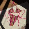 Women's Multicolor Striped Textured Halter Tie Two-Piece Bikini Swimsuit