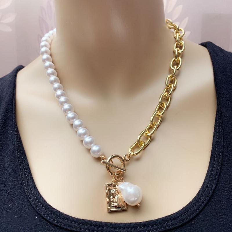 Vintage Copper Snake Chain Baroque Pearl Portrait Necklace Set for Women