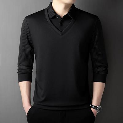2025 Neues Herren Casual und Modisches Langarm Einfarbig Fake Zweiteiliges Poloshirt Business Ganzjahres Vielseitiges Oberteil