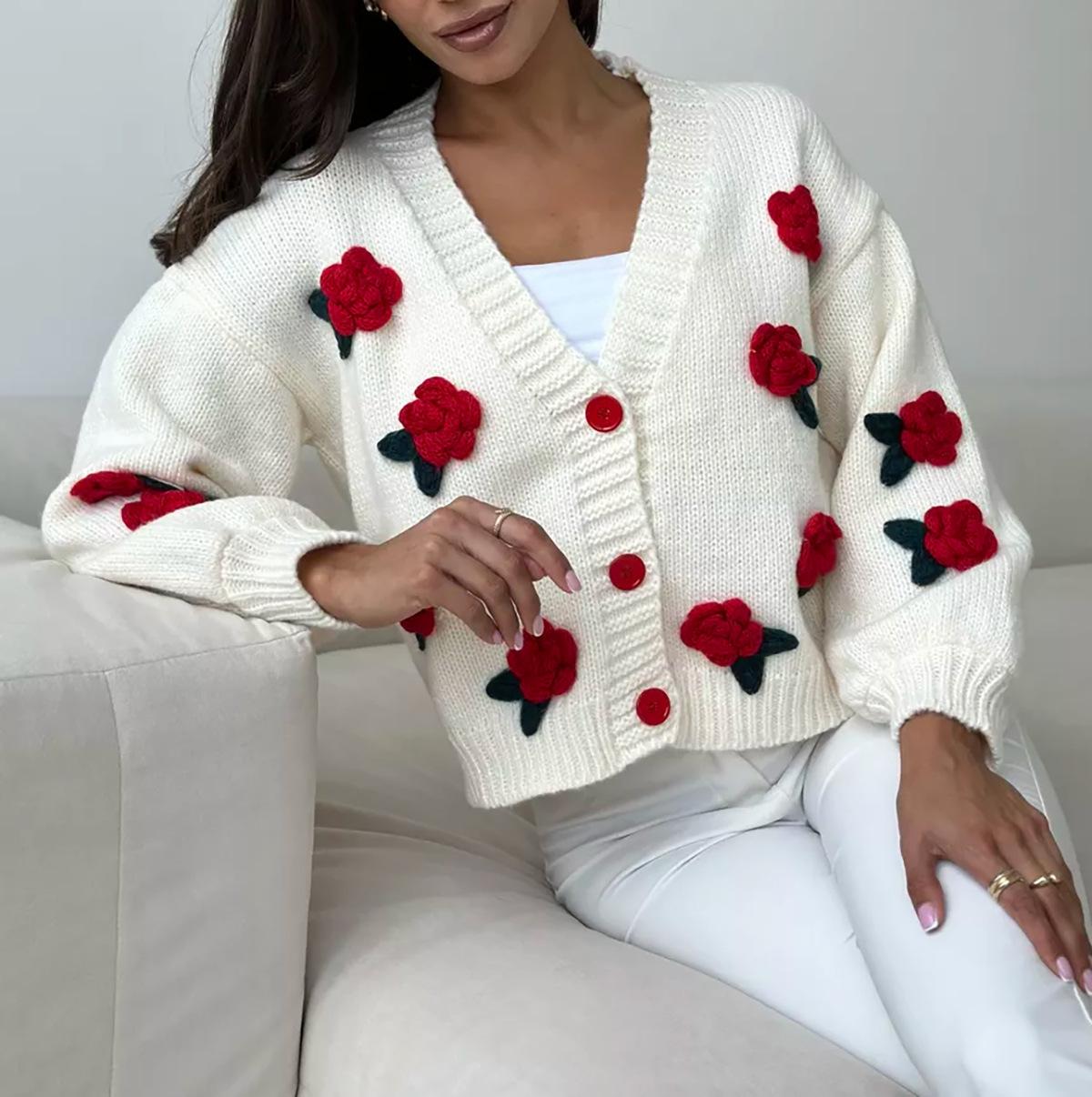 

Autumn and winter new cute style three-dimensional flower decoration V-neck knitted cardigan sweater jacket 3537 EMA L червоний
