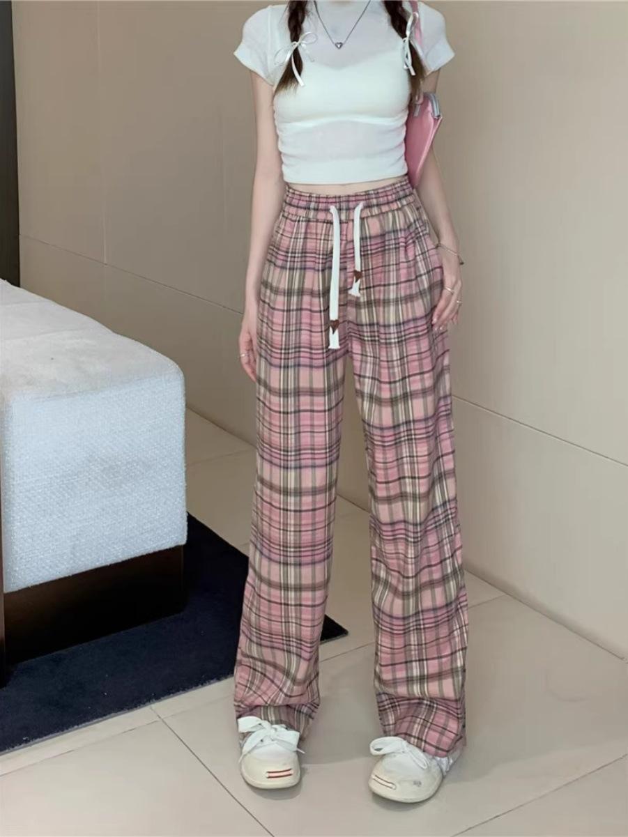 

Женские розовые клетчатые брюки с кулиской и широкими штанинами - Маленький 145 см, Стройнящие, Винтажные, Повседневные XL (Recommended for 116-125 jin)