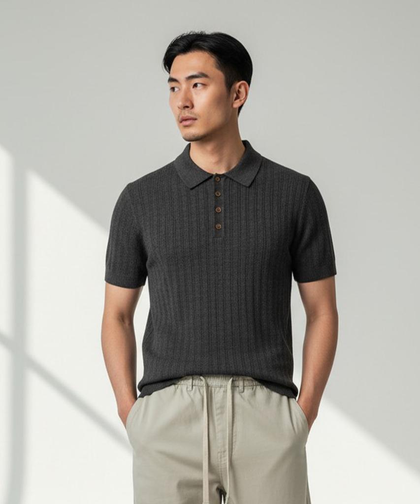 Pentaon Polo Collared Button Ribbed Short Sleeve Knit T-Shirt