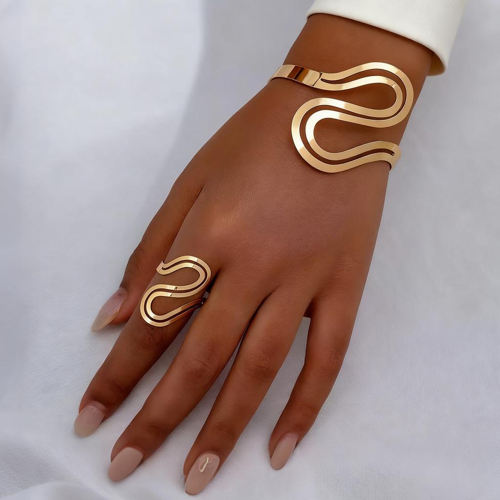 Metal Design Geometric Ladies Open Bracelet Ring Set Exaggerated Punk Temperament Jewelry