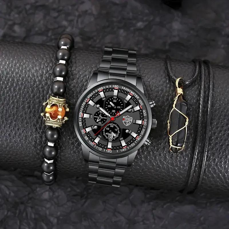 

3 шт./набор 1 шт. Модные мужские спортивные кварцевые часы из нержавеющей стали с календарем и 1 шт. Мужской браслет и 1 шт. Мужское ожерелье