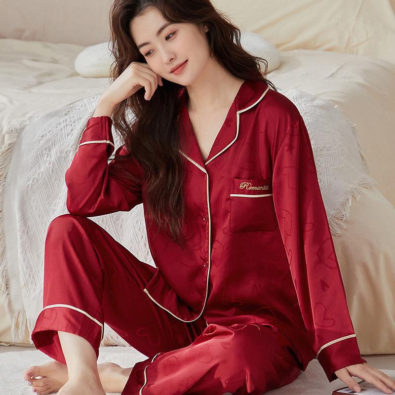 Year of the Rat Red Heart Couple Pajamas - Soft, Colorfast Ice Silk Jacquard for Weddings