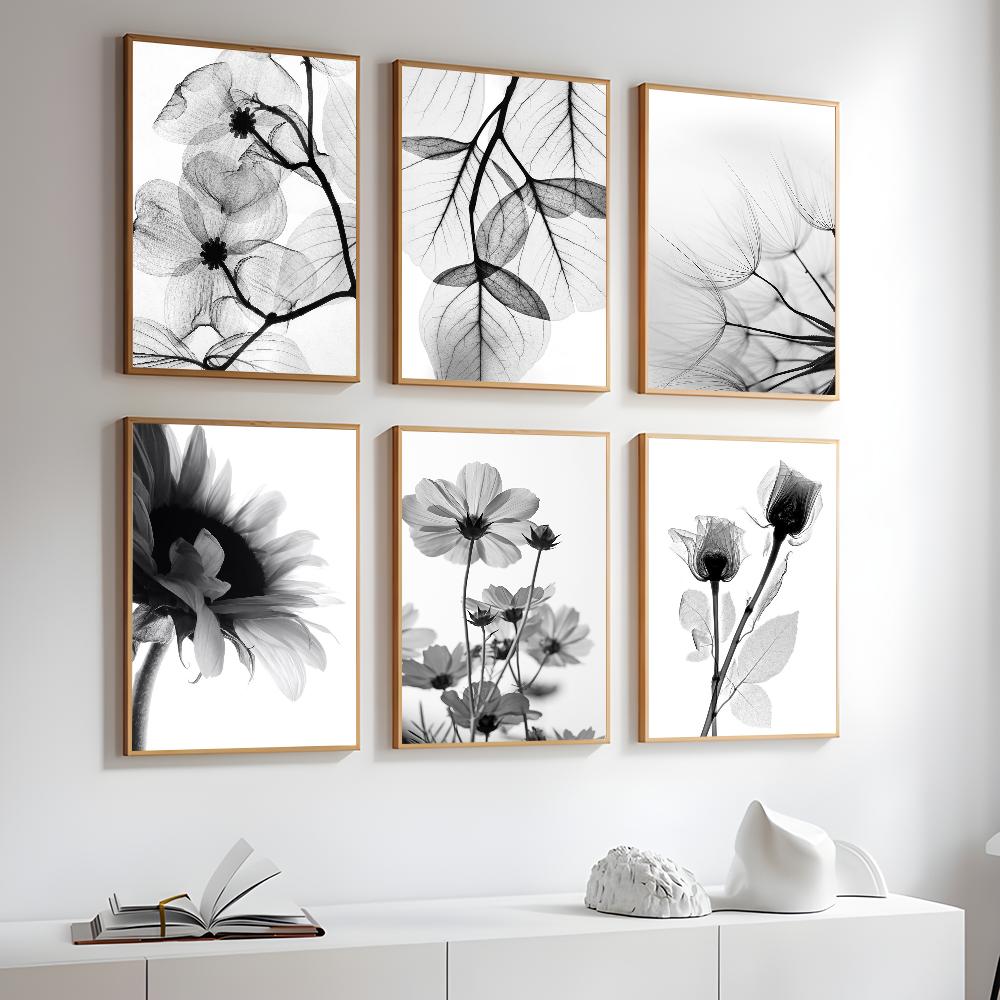 Black And White Plant Flower Art Poster Sticky Wall Art Printing Waterproof Home Living Bed Room Bar Hallway Aesthetic Decor