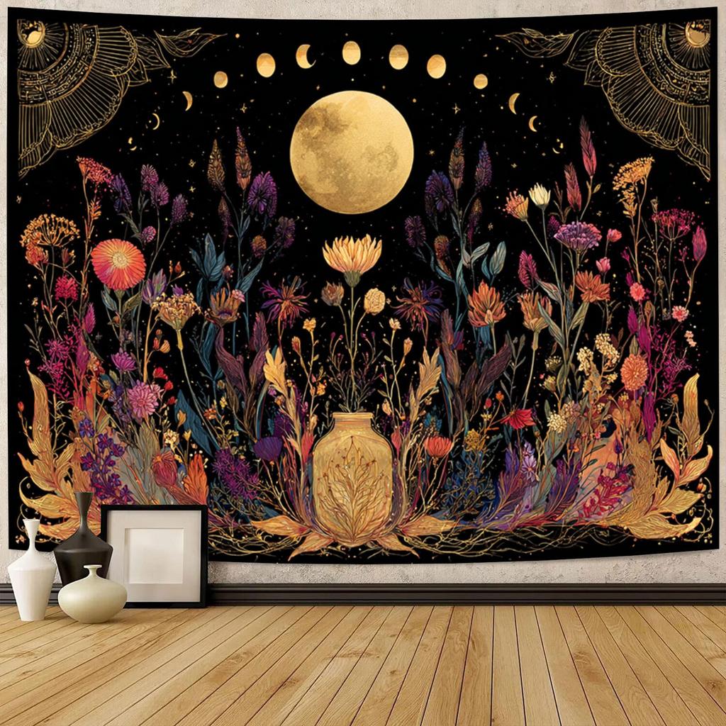 Mysterious Vase in a Moonlit Flower Field Tapestry Wall Hanging, Holiday Decoration Polyester Tapestry, Living Room Bedroom Office Wall Hanging, Home