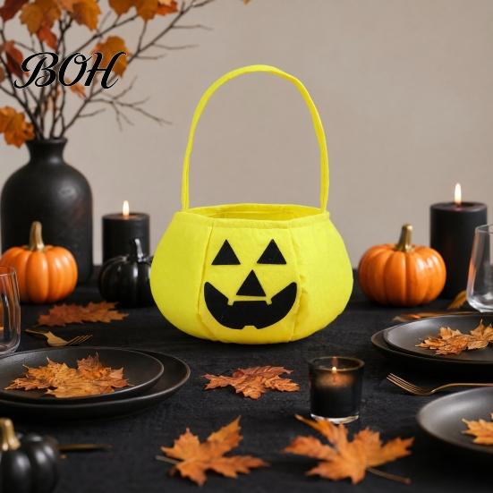 Halloween Party Decoration Pumpkin Candy Bag for Kids, Reusable Non-Woven Trick or Treat Bucket, Bucket Face Snack Holder Basket with Handle