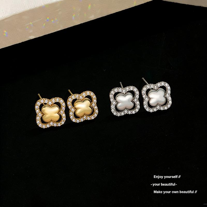 Women Fashion Hollow Four Leaf Clover Zircon Inlaid Copper Stud Earrings