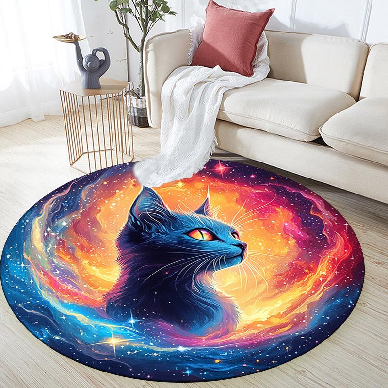 Cosmic Cat Round Area Rug,Carpet Rug for Living Room Bedroom Sofa Playroom Decor,Non-slip Floor Mat