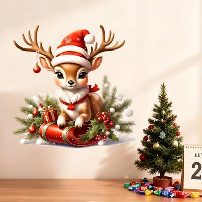Weihnachten Niedliches Reh Weihnachtsmütze Fensteraufkleber Heim Wandaufkleber