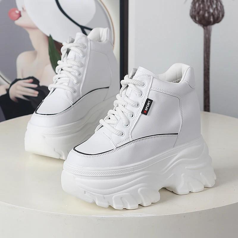 Fashion Autumn winter Women High Top Leather Shoes Platform Wedge Sneakers Chunky Shoes Hidden Heel 12CM White Black Women Casual Shoes