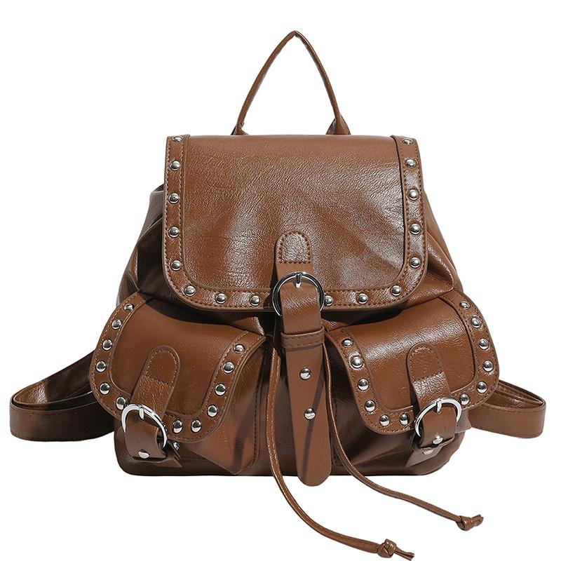 Studded Leather Backpack Women's Fashionable Vintage Style Bag with Adjustable Straps and Multiple Pockets