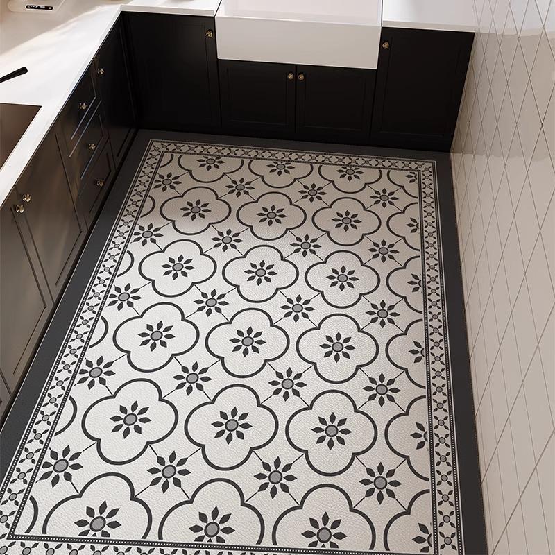 Nordic Style Waterproof Oil-Proof Leather Kitchen Rug - Full Coverage, Easy-Clean, Rectangular Patterned Mat