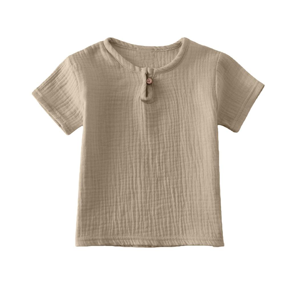 Hauts Athlétiques Classiques Rayés Manches Courtes Boutonnés en Coton et Lin pour Enfants