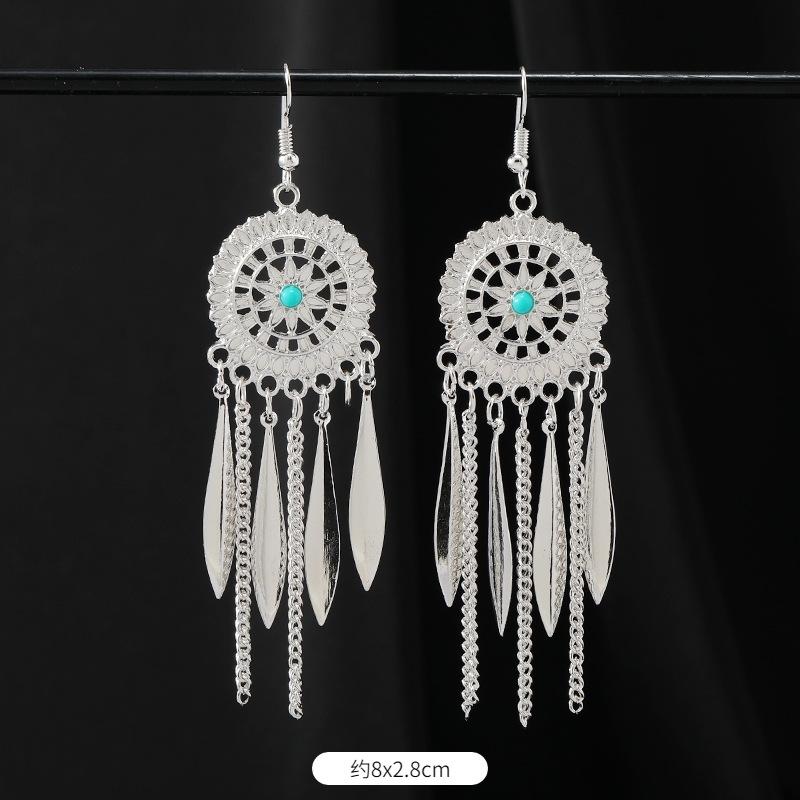 Retro Handmade Miao Silver Fringed Earrings Inlaid Turquoise Long Earrings Female Exotic Yunnan Dance Earrings
