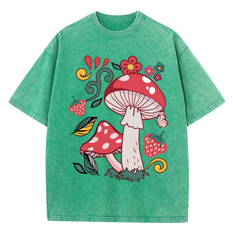 Beautiful Mushrooms Flower Strawberries Printed Washed T-Shirt Women Loose Cotton T Shirts Trendy Y2K Short Sleeve Top