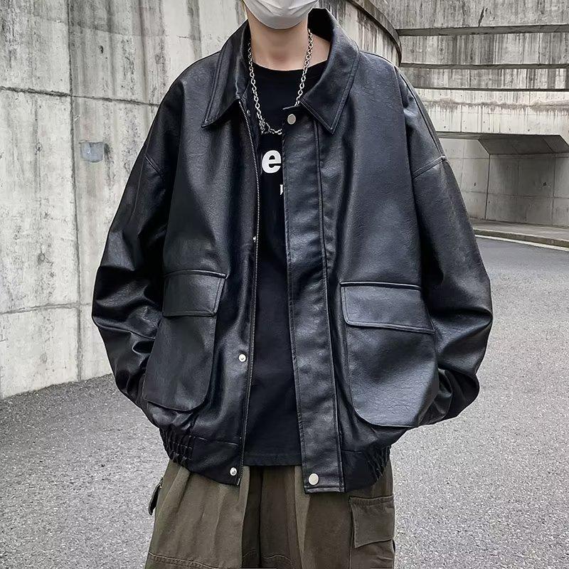 

Мужская модная кожаная мотоциклетная куртка в гонконгском стиле - свободный крой, красивая рабочая парка M чёрный