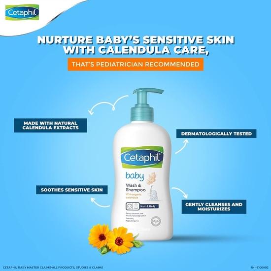Cetaphil Płyn do mycia ciała i szampon dla dzieci z organicznym nagietkiem 400 ml i łagodne mydło dla dzieci 75 g(2 szt) (Pakiet 3)- Combo