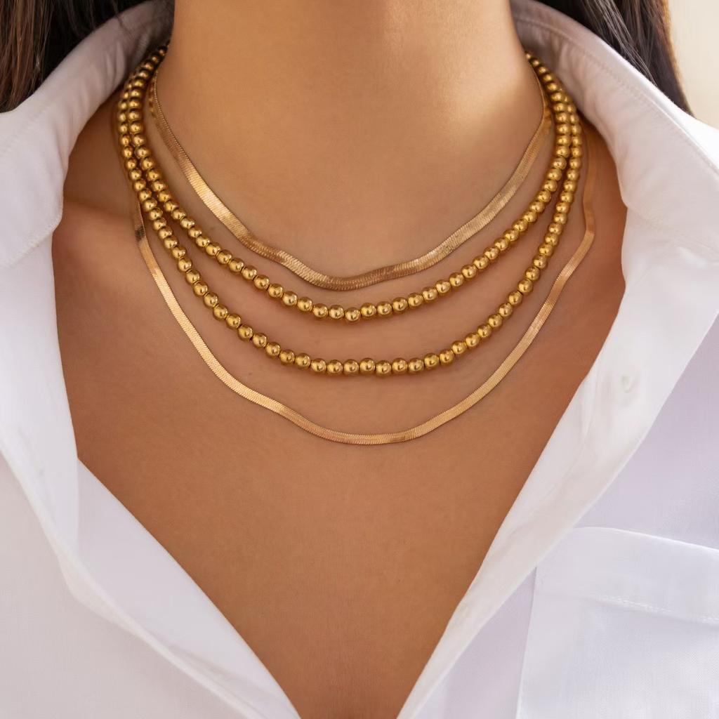 Hip-hop style beaded flat snake chain necklace set, geometric metal chain collarbone chain
