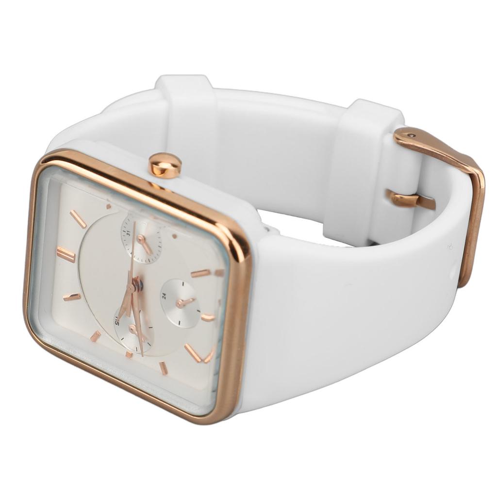 Women Quartz Wrist Watch 3 Sub Dials Water Proof Chronograph Analog Watch Silicone Strap Date Calendar White Rose Gold