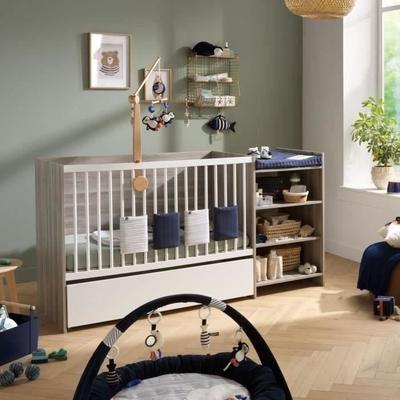 Lit bébé combiné - 120x60cm - Evolutif en 90x190cm - Babyprice Up - Chêne silex - Avec commode à langer étagère