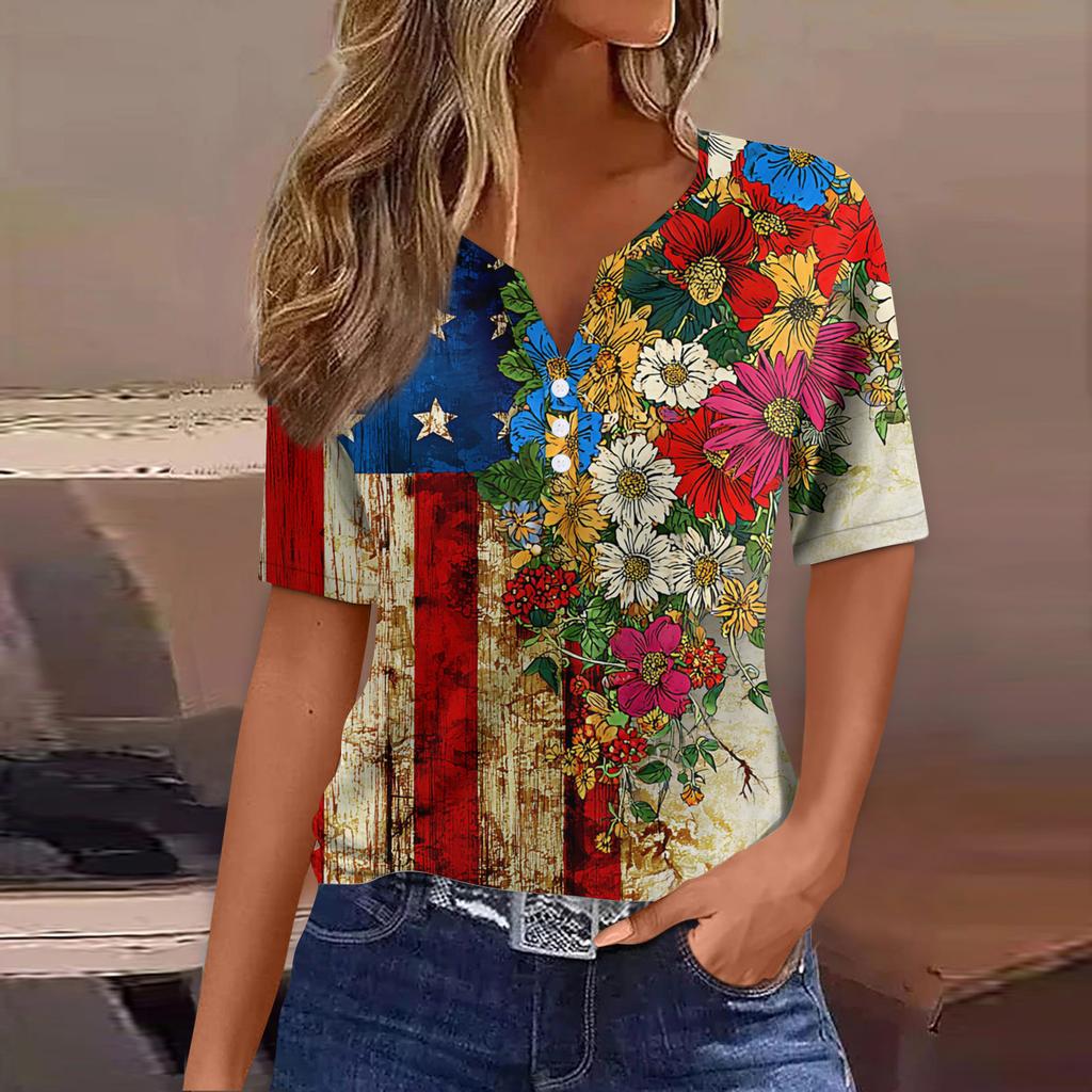 Women's T Shirt Tee Print Button Short Sleeve Daily Weekend Fashion Basic V- Neck Regular Top